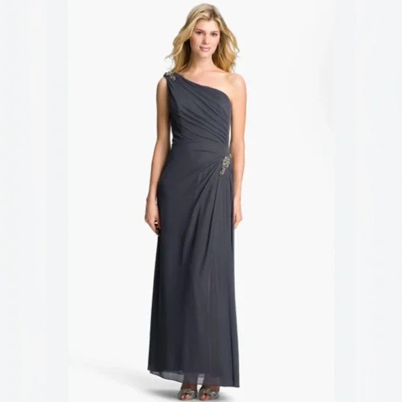Alex Evenings Gunmetal Formal Long Dress One Shoulder Embellished Gown - Picture 1 of 9